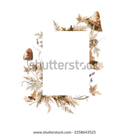 Watercolor floral frame. Hand painted autumn wreath, border of forest leaves, fern, fall leaf, mushrooms, isolated on white background. illustration for card design, harvest print