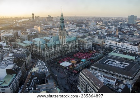 Christmas Impressions from Hamburg Germany - View from the church St. Petri   through a window over the city with sundown