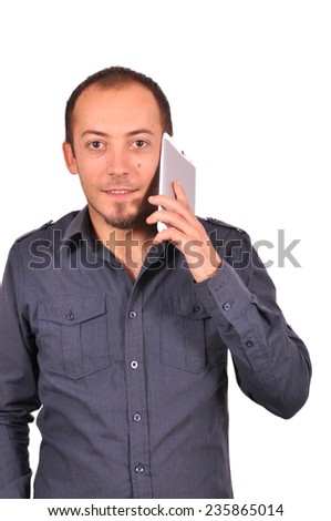 Portrait of happy young attractive man calling by mobile