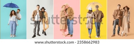 Set of stylish young couples in autumn clothes on color background