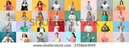 Big collage of happy people showing thumb-up gesture on color background