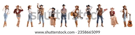 Collage of stylish cowboys and cowgirls on white background