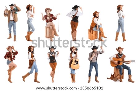 Collage of stylish cowboys and cowgirls on white background Royalty-Free Stock Photo #2358665101
