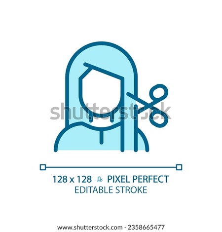 2D pixel perfect editable woman with haircut at spa blue icon, isolated vector, haircare thin line simple monochromatic illustration.