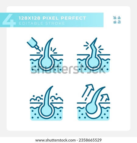 Pixel perfect blue icons set representing haircare, editable thin line monochromatic illustration.