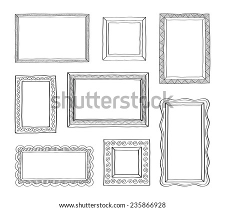 Vector set of vintage photo frames, hand drawn doodle style, antique ornamental and cute photo frames for decoration and design