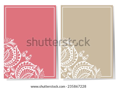 Wedding invitation cards set with lace pattern, greeting card design, beautiful luxury postcard, ornate page cover, vector abstract background