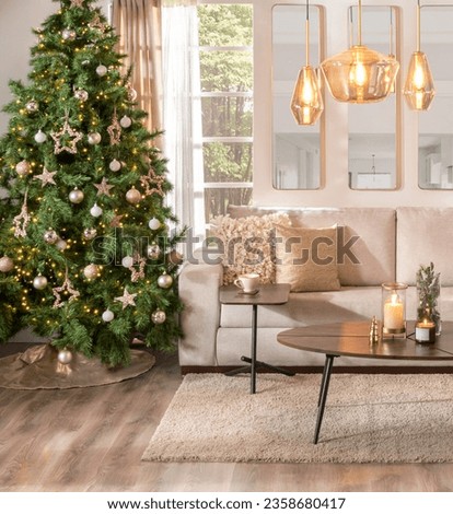 Nordic, cozy living room interior with a Christmas tree, beige tones, coffee table, and sofa