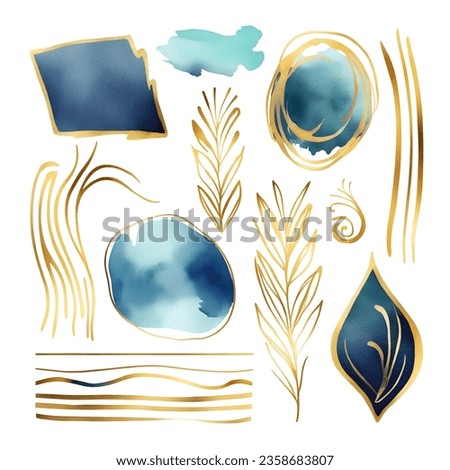 Abstract modern print set of gold and blue watercolor elements on white background