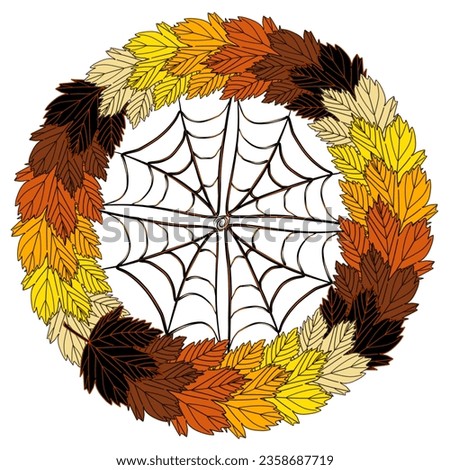 Autumn wreath with orange and yellow maple leaves with cobwebs . JPEG illustration for stickers, creating patterns, wrapping paper, postcards, design template, fabric, embroidery.