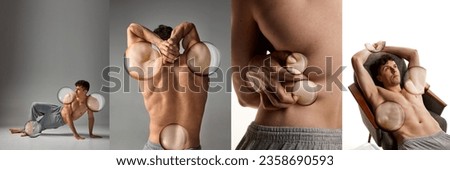 Creative collage. Mature handsome man with relief, strong, musuclar body posing shirtless. Aesthetics. Concept of men's health and beauty, body and skin care, fitness. Body art Royalty-Free Stock Photo #2358690593