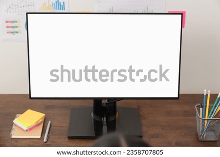 Woman using computer and type on the keyboard. Mockup screen of advertisement.