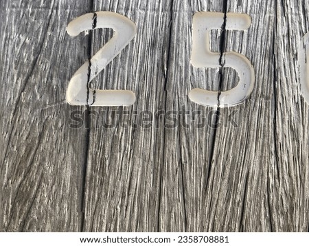 A white number 25 painted on a weathered wooden stake