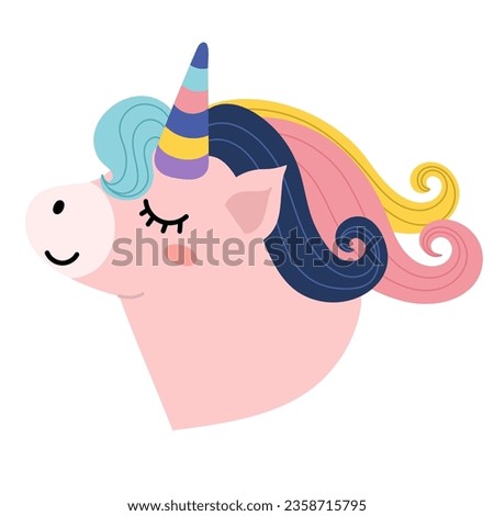 Cute unicorn head Isolated on white background. Magic pony face. Fantasy character sticker with rainbow hair. Vector illustration