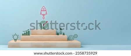 Rocket launching from wood cube with business icon, Start-up, Creativity, Big idea, Business management investment on new project to wealth, Graph depicting rising earning and increasing profits Royalty-Free Stock Photo #2358735929
