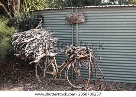 BICYCLE AND COLLECTION OF FIREWOOD STICKS - Old rusty bike with large piles stacks of collected dry fire wood tree branches for selling and burning. Corregated iron water tank background