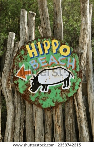 HIPPO BEACH RETRO VINTAGE SIGN - Old worn rusty hand painted illustration picture image of a large hippopotumus animal signpost with fun bright colored old text signage with stick wall background