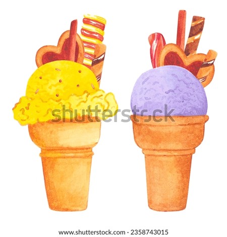 Hand drawn watercolor icecream and popsicle set isolated on white background. Can be used for cards, label, banner and other printed products