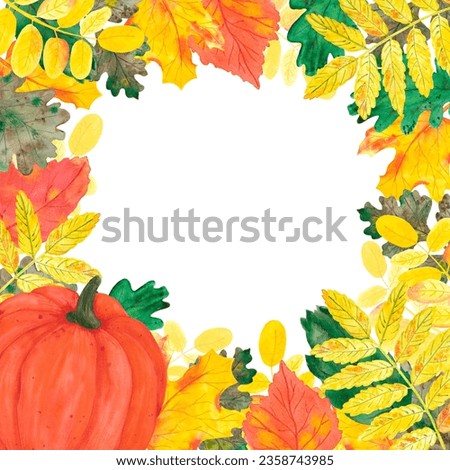 Hand drawn watercolor autumn leaves pumpkin frame boarder on white background. Can be used for invitation, Scrapbook, poster, label, banner