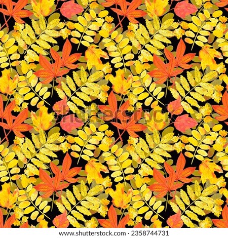 Hand drawn watercolor autumn leaves seamless pattern on black background. Can be used for textile, Scrapbook, fabric and other printed products