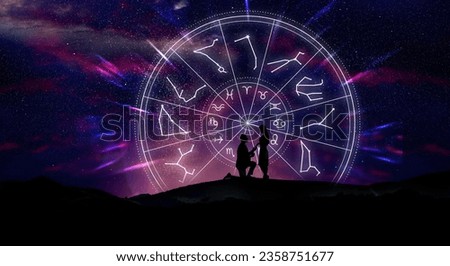 Zodiac wheel and photo of making marriage proposal to his girlfriend in mountains under starry sky at night. Banner design