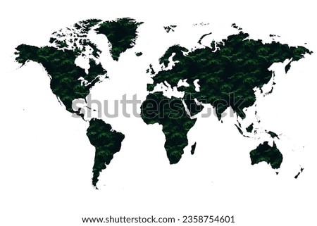World map made up of various detailed trees on solid white background including the shadows. This 3D illustration of a forest is conceptual of the global green environmental issues worldwide