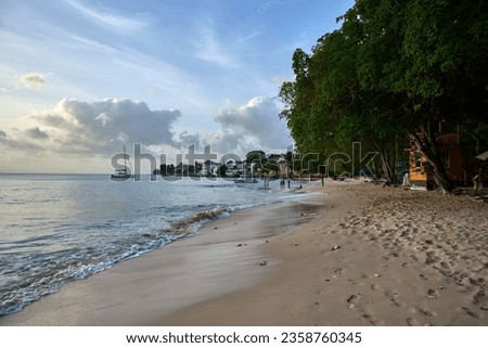 A nice soft sandy Batts Rock beach in Barbados, seashore with green trees and white little houses in the background Royalty-Free Stock Photo #2358760345