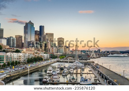 Sunset over Downtown Seattle and Waterfront Royalty-Free Stock Photo #235876120
