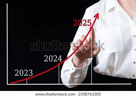 A businessman points his hand on an arrow chart with high growth rates in 2025 versus 2024 and 2023. The woman plans to increase financial performance in 2025. Financial, sales profit Royalty-Free Stock Photo #2358762305