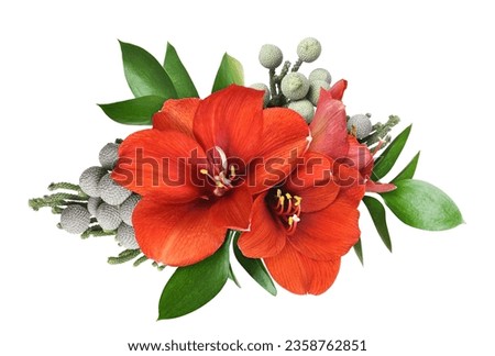Red amaryllis flowers in a floral arrangement  isolated on white Royalty-Free Stock Photo #2358762851