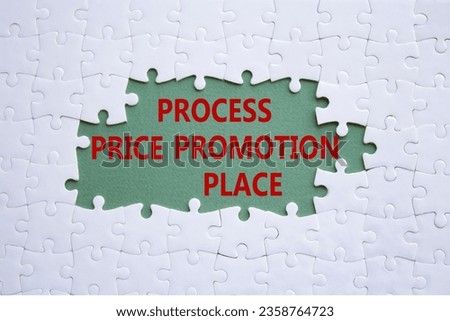 Process Price Promotion Place symbol. White puzzle with words Process Price Promotion Place. Beautiful grey green background. Business concept. Copy space.