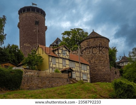 Ruins of the Trendelburg castle, in the Wester Mountains near Kassel, Hessen, Central Germany. Famously known as the sight of the Brother's Grimm Rapunzel fairy tale. Royalty-Free Stock Photo #2358792233