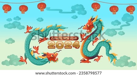 Chinese dragon, symbol of 2024. zodiac symbol, Calendar 2024
Flying dragons, cartoon hand drawn style.