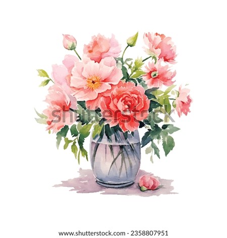 Watercolor flowers bouquet in vase. Design for greetings, card, invitation, flyer, banner. Royalty-Free Stock Photo #2358807951