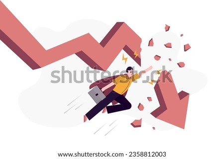 Businessman looking like hero fly in sky and breaks falling graph. Overcoming financial and economic crisis. Arrow stock chart. Confident male trader breaks trend to panic sells. vector illustration Royalty-Free Stock Photo #2358812003