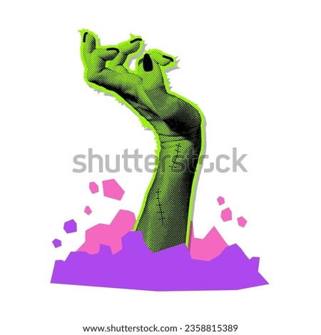 Green zombie hand sticking out of grave. 90s vitage Halloween clip art. Halftone collage object for mixed media design. Dead monster hand with stitches grabbing. Vector illustration isolated