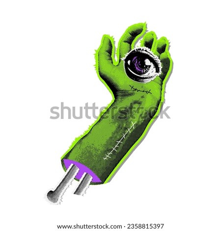 Neon green zombie monster hand holding lucked out monster's eye. Halftone grungy scary Halloween clip art. Demon hand halftone collage for mixed media design. Vector illustration isolated