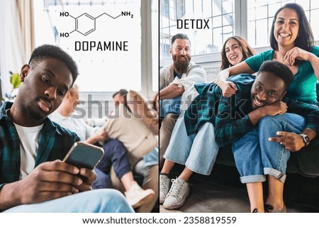 Before and after a dopamine detox cycle. Young African addicted to electronic devices and social media who has done a detoxification from stimuli with dopamine spikes Royalty-Free Stock Photo #2358819559