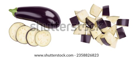 Eggplant or aubergine with slices isolated on white background. and full depth of field. top, view, flat lay Royalty-Free Stock Photo #2358826823