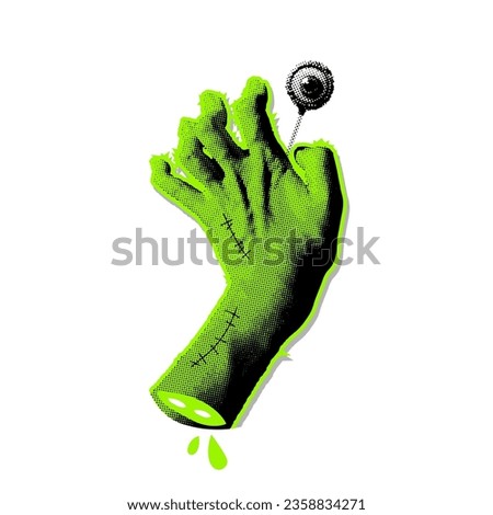 Neon green zombie monster hand holding zombie eye lollipop. Halftone grungy scary Halloween clip art. Demon hand halftone collage for mixed media design. Vector illustration isolated