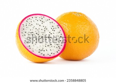 Creative photo manipulation of sliced orange fruit with ripe dragon fruit inside, isolated on white background