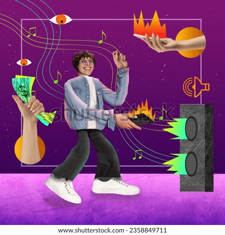 Banner. poster. Contemporary art collage. Creative composite image of human, young guy spend time and money on party. Concept of teenagers, parents, parties.
