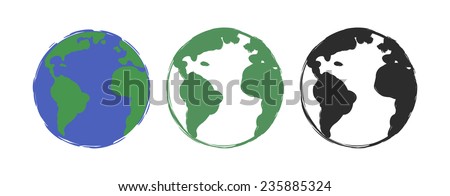 Planet earth grunge scratched drawing paint icons. Vector color clip art illustration isolated on white 