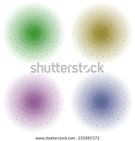 Paint spray effect. Green, golden, purple, blue color splashes. Vector clip art illustration isolated on white