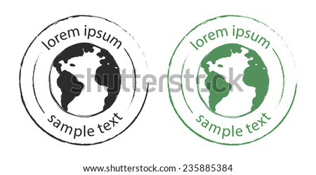 Grunge scratched planet earth logo. Green, black. Color vector clip art illustration isolated on white