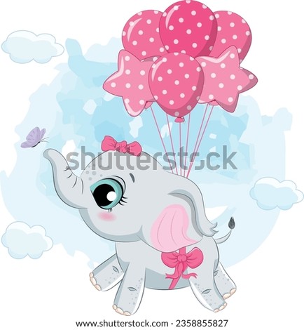 Cute baby Girl elephant flying with balloon illustration