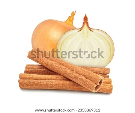 cinnamon with fresh onion isolated on white background