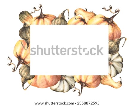 Fall pumpkins frame Autumn vegetables harvest. Isolated watercolor illustration on white background design for your halloween, thanksgiving, invitation, prints, flyers, food, nature deco greeting card
