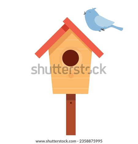 A birdhouse with a bird on the roof. Cartoon style. Vectro illustration