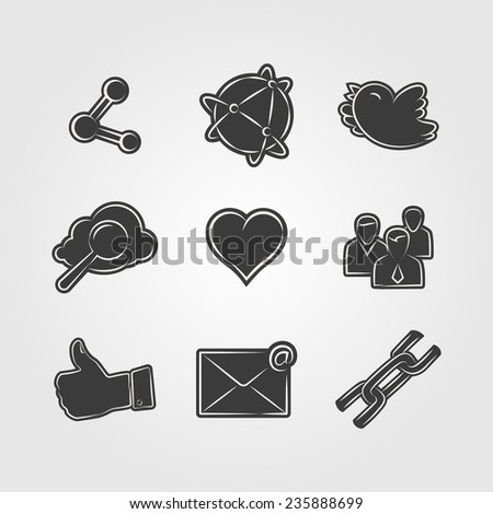 Perfect collection of social network icons with links, twitter bird cloud, mail, like hand, chain links, people chat, global network, heart  in vector illustration